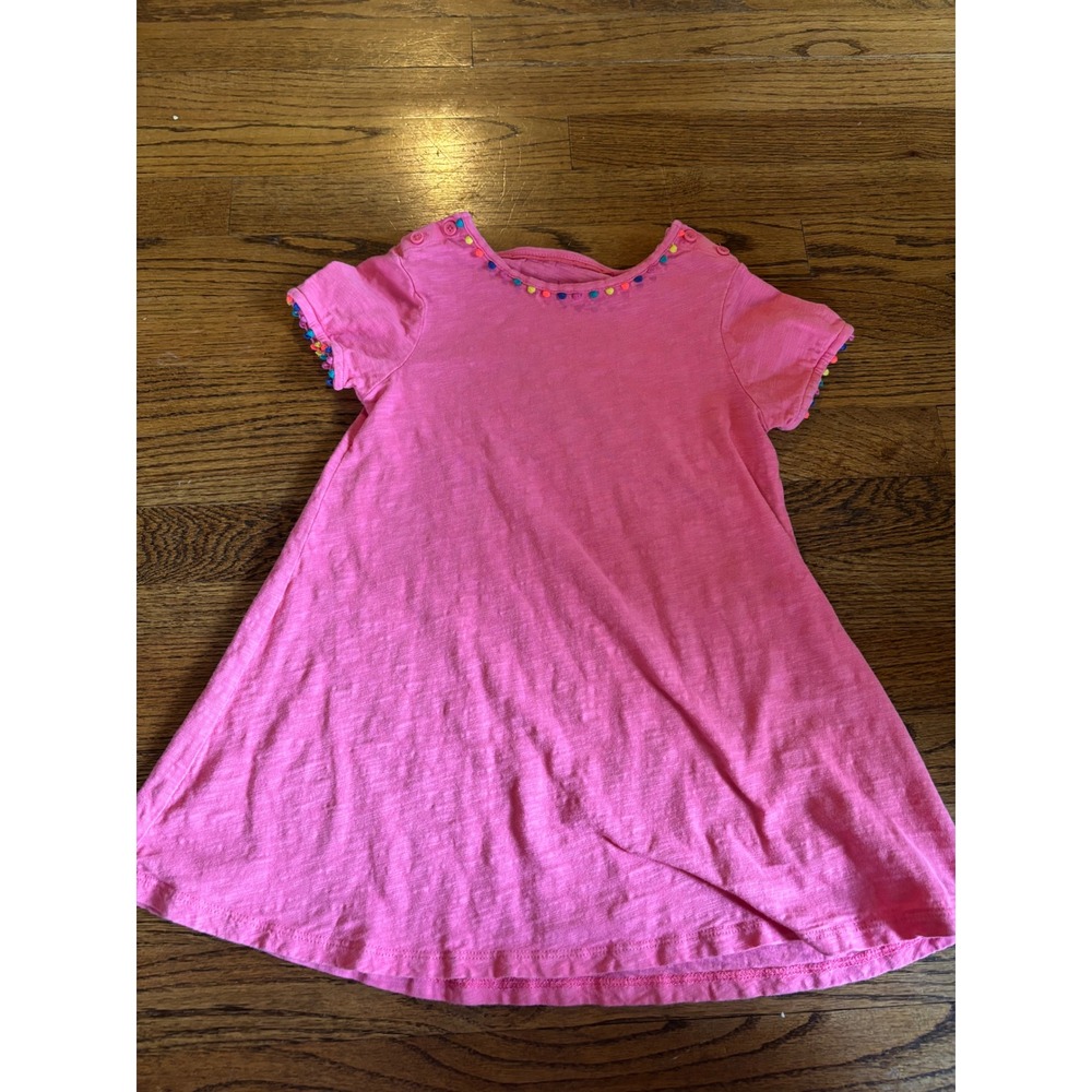 Boden Girls Pink Cotton Jersey Dress Rainbow Pom Pom Trim Summer‎ 4-5Y
